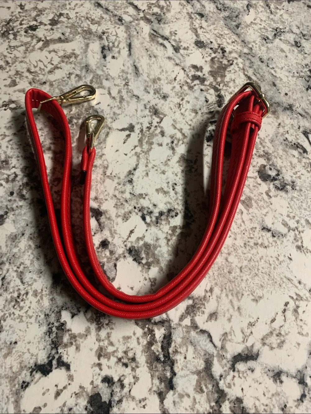 Red Adjustable Crossbody Strap with Gold Hardware and Matching Bag Charm